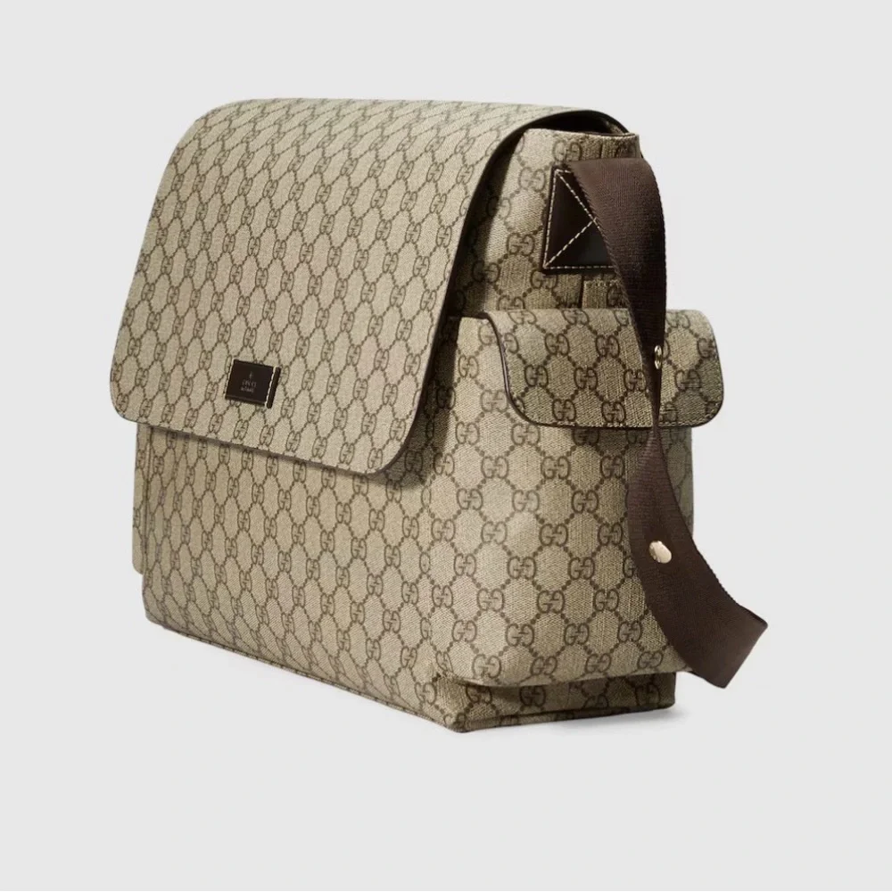 Gucci Beige GG Supreme Messenger Diaper Bag with Brown Strap Authentic